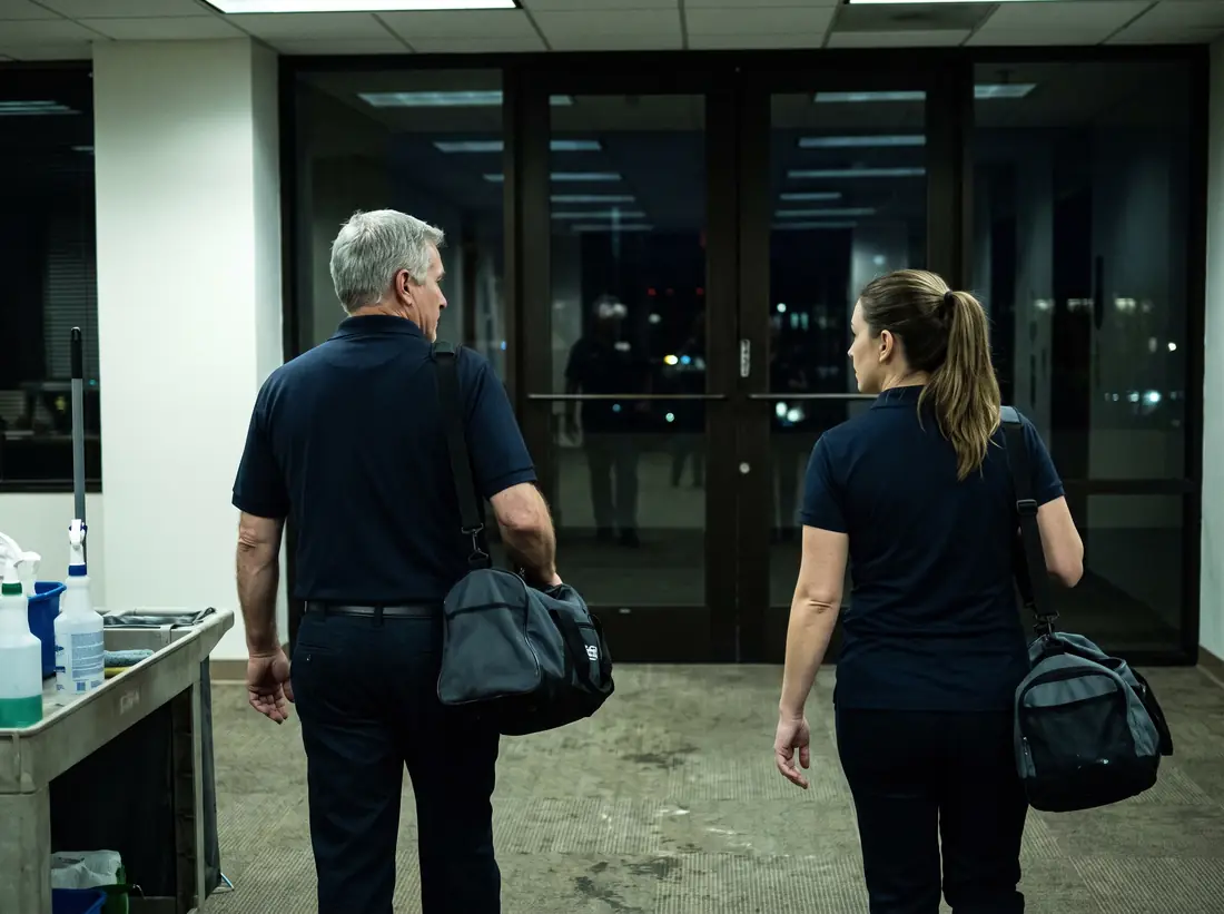 Two colleagues walking out through the lobby doors at the end of a shift, bags on their shoulders.