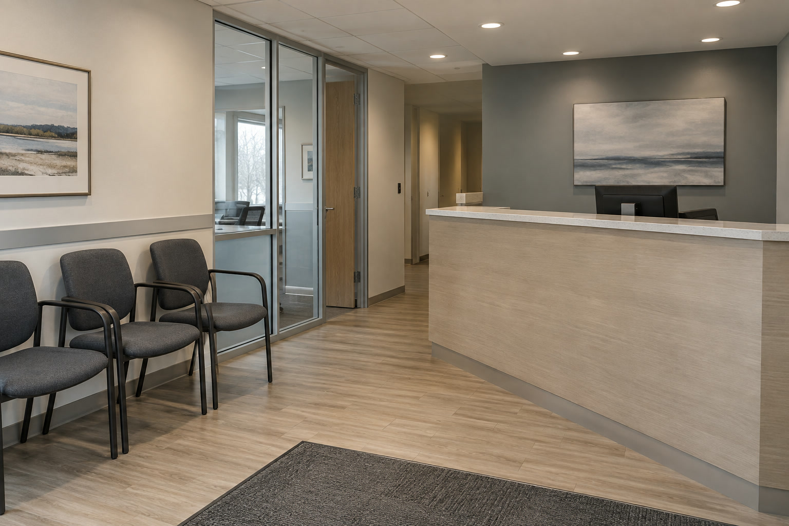 Office reception with clean floors and a clear counter.