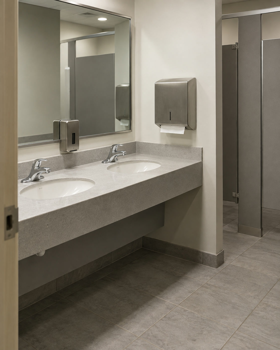 Office restroom with basins and dispensers.