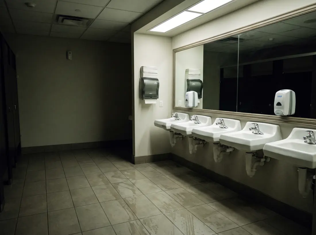 An empty office restroom at night, basins clean and dispensers full.